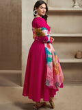 Rani Pink Flared Gown Set with Floral Chanderi Dupatta