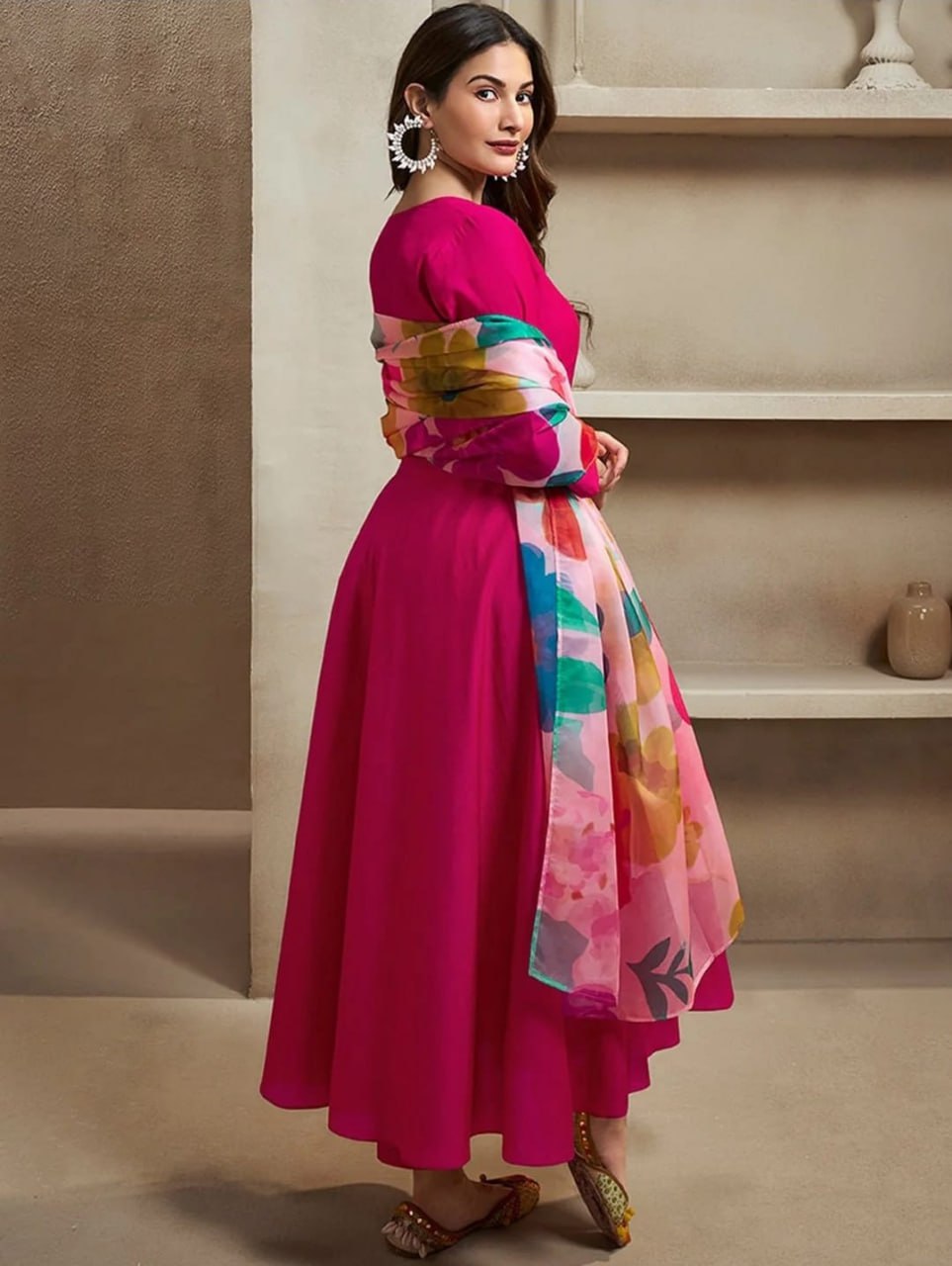 Rani Pink Flared Gown Set with Floral Chanderi Dupatta