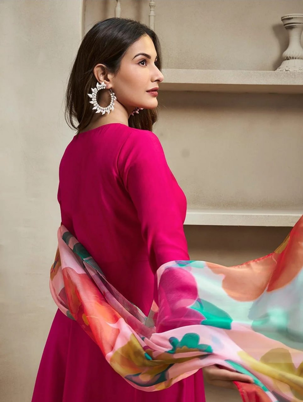 Rani Pink Flared Gown Set with Floral Chanderi Dupatta