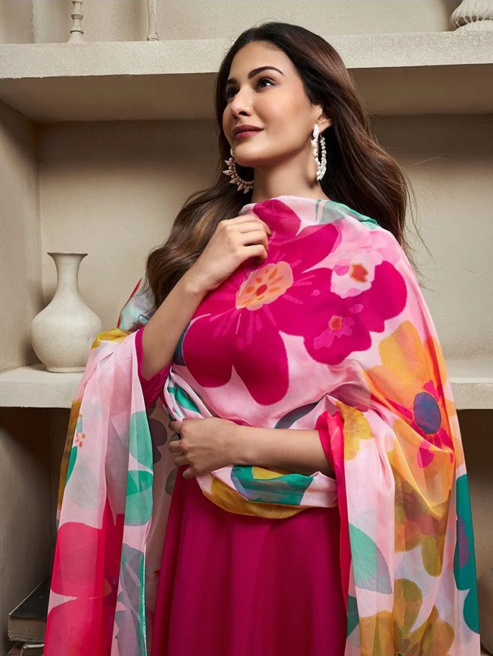 Rani Pink Flared Gown Set with Floral Chanderi Dupatta