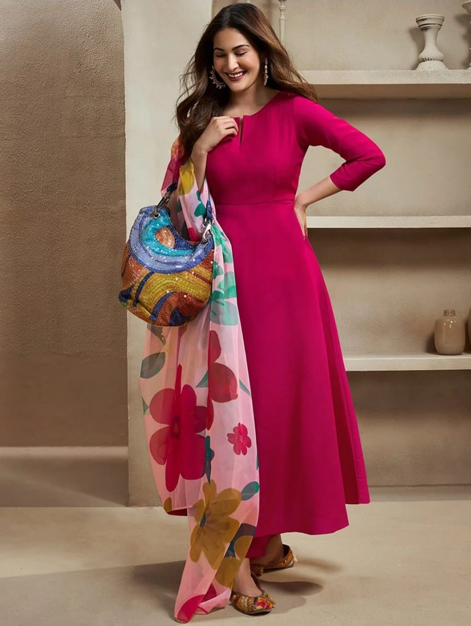 Rani Pink Flared Gown Set with Floral Chanderi Dupatta