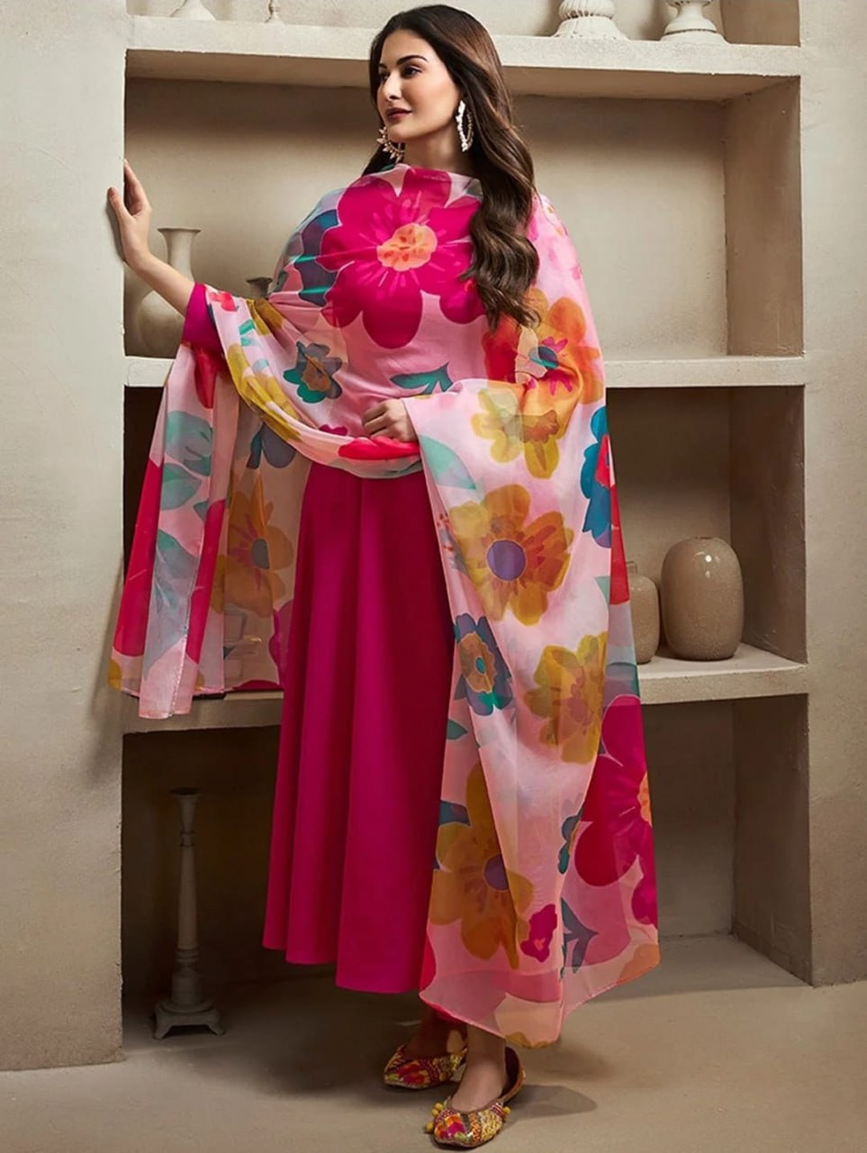 Rani Pink Flared Gown Set with Floral Chanderi Dupatta