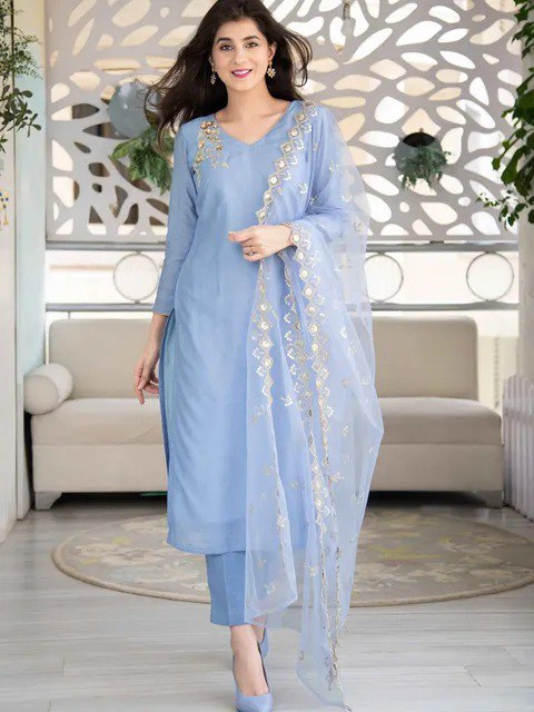 Sky Blue Embroidered Chinon Suit Set with Organza Dupatta