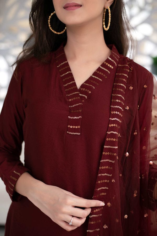 Maroon Embroidered Suit Set with Organza Dupatta