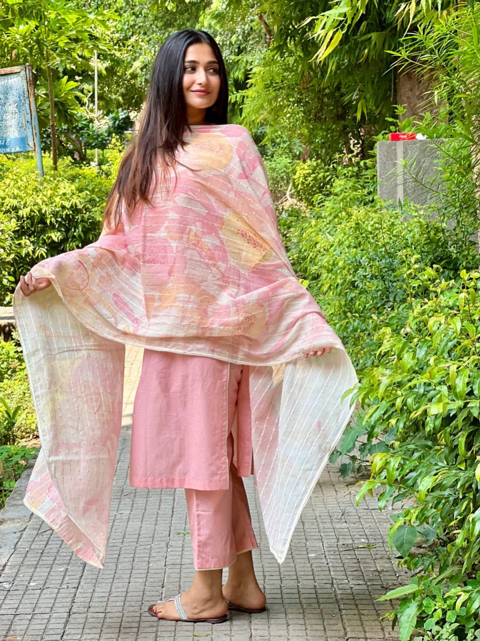 Pink Viscose Suit Set with Chanderi Dupatta