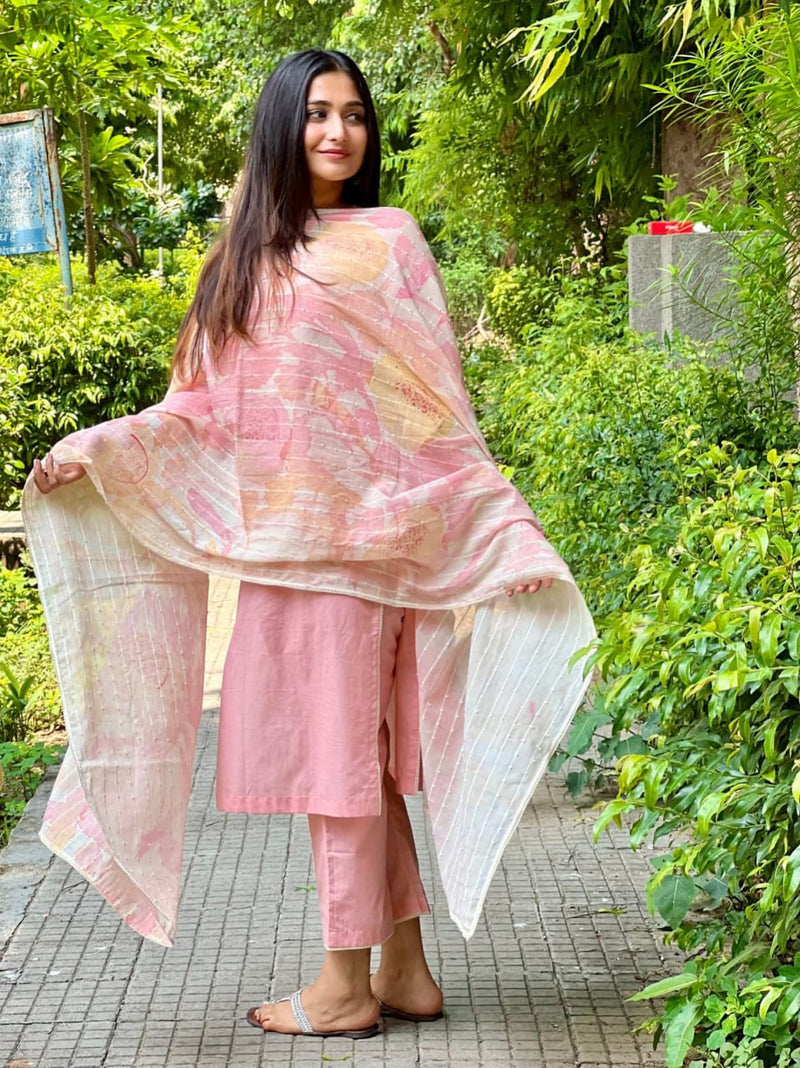 Pink Viscose Suit Set with Chanderi Dupatta