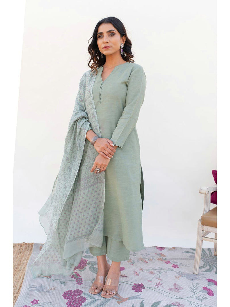 Pista Muslin Suit Set with Chanderi Dupatta