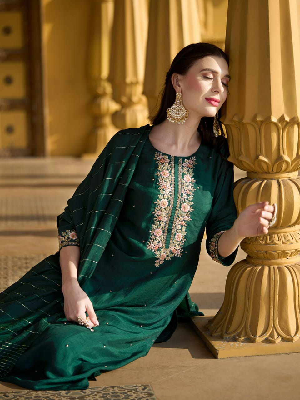 oyal Emerald Embroidered Roman Suit Set with Chanderi Dupatta