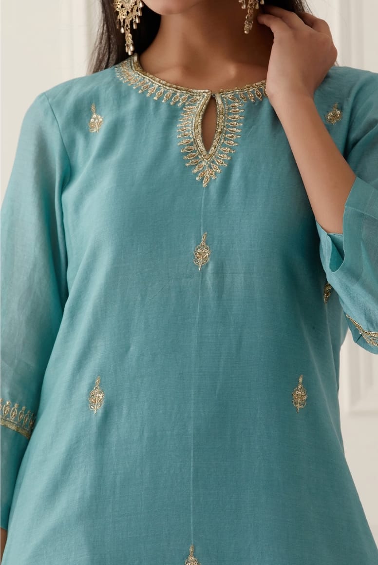 Pastel Aqua Roman Suit Set with Golden Zari Organza Dupatta