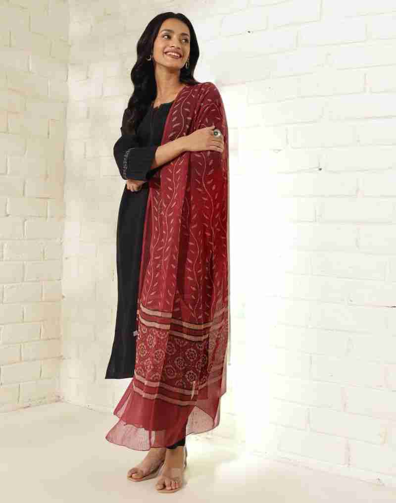 Classic Black Viscose Suit Set with Red Printed Dupatta