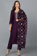 Royal Wine Embroidered Roman Suit Set with Organza Dupatta
