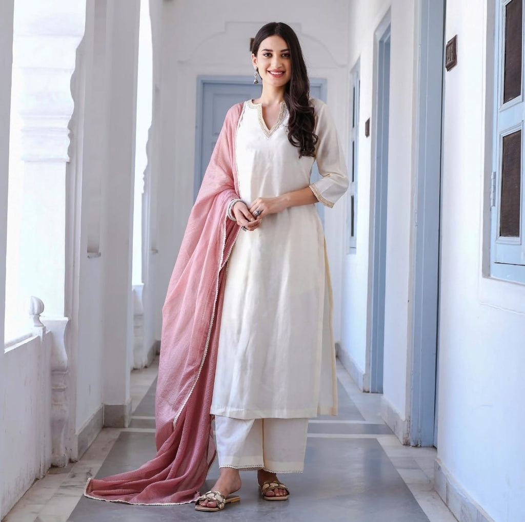 Cream White Embroidered Suit Set with Blush Pink Dupatta