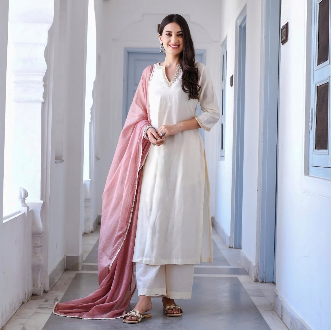 Cream White Embroidered Suit Set with Blush Pink Dupatta
