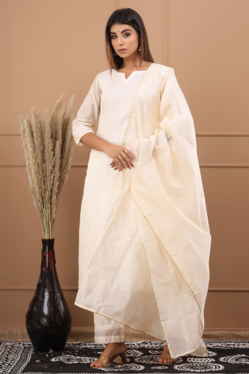Cream Roman Suit Set with Chanderi Dupatta