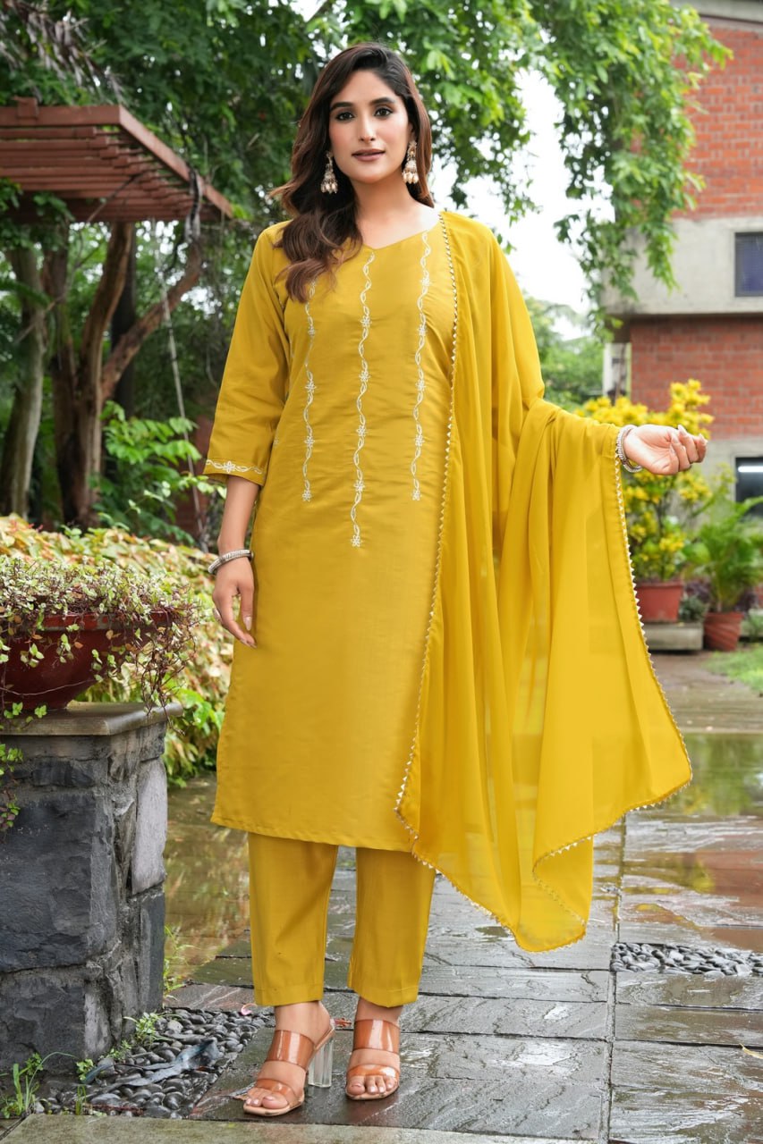 Mustard Yellow Embroidered Roman Silk Suit Set with Georgette Dupatta
