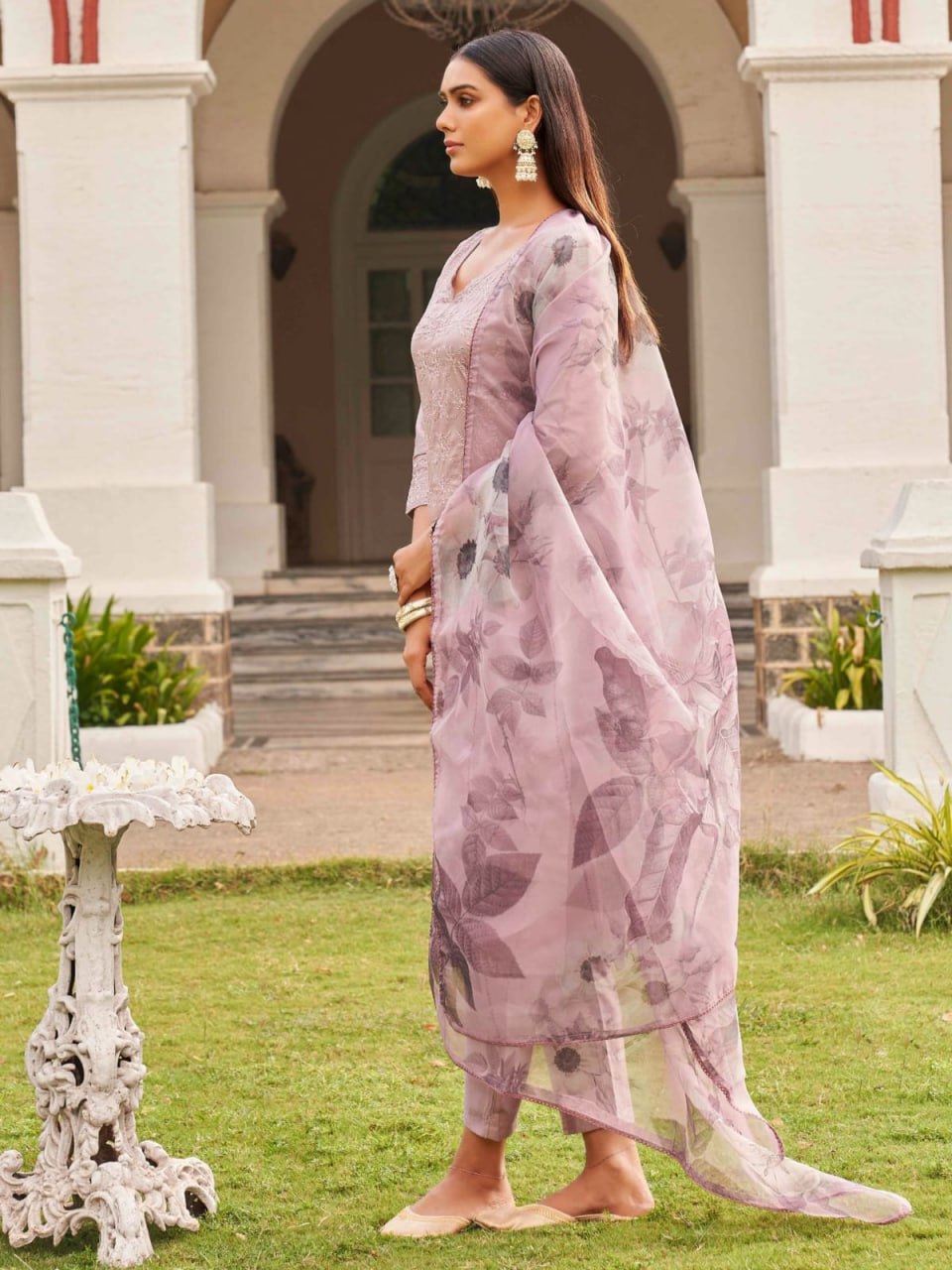 Light Pink Embroidered Roman Suit Set with Printed Organza Dupatta