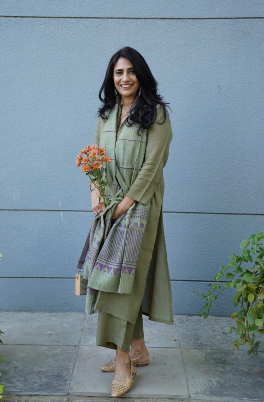 Mehandi Roman Suit Set with Printed Chanderi Dupatta