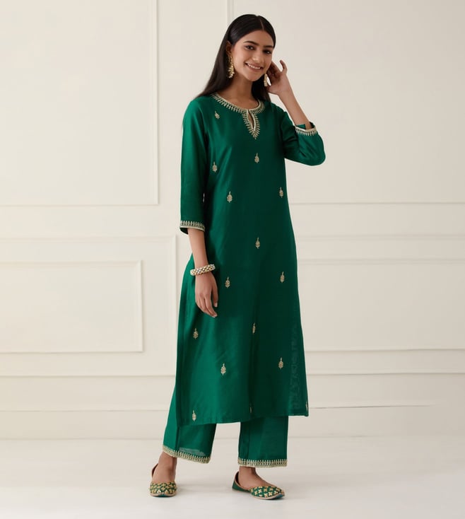 Royal Green Zari Embroidered Roman Suit Set with Organza Dupatta