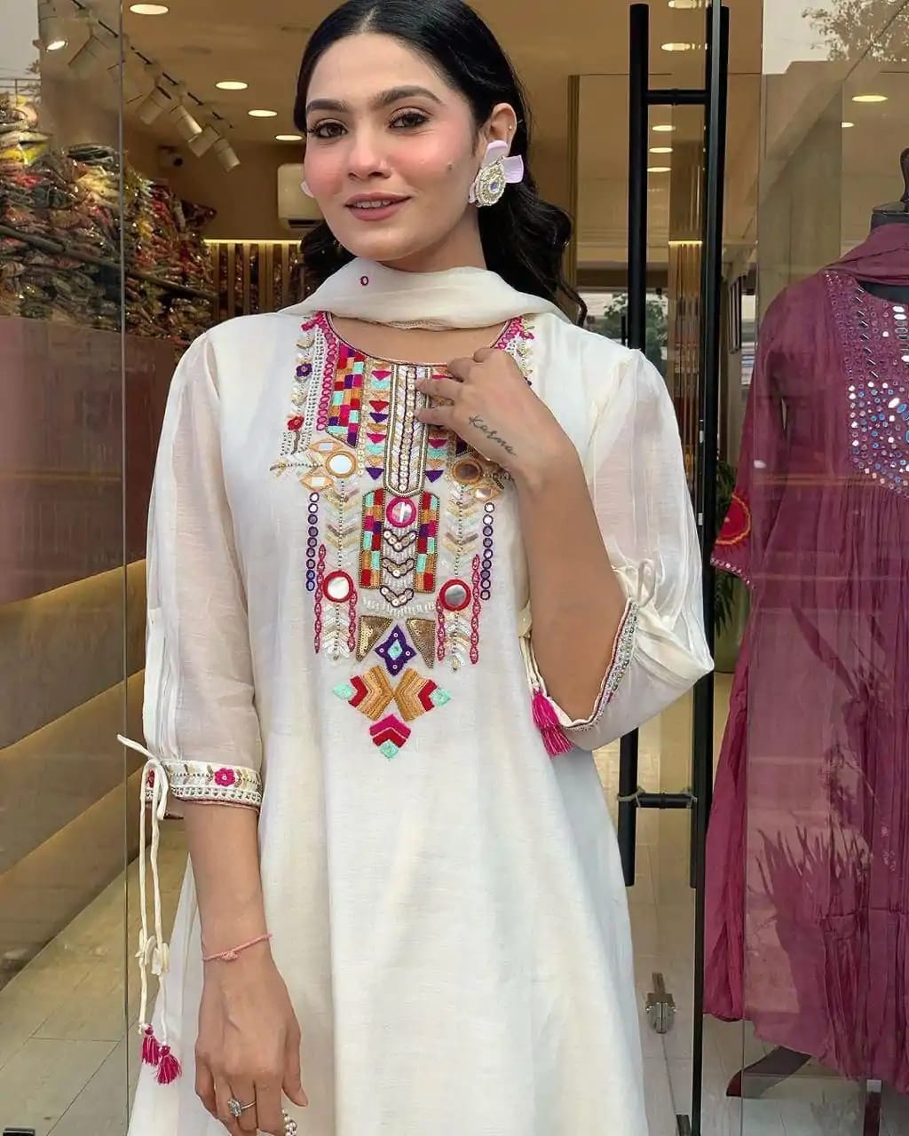 White Mirror Embroidered Chanderi Suit Set with Organza Dupatta