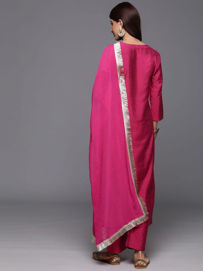Rani Pink Embroidered Roman Suit Set with Chanderi Dupatta