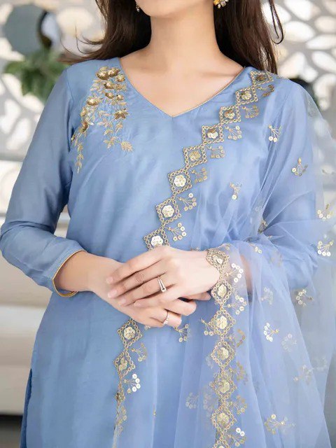 Sky Blue Embroidered Chinon Suit Set with Organza Dupatta