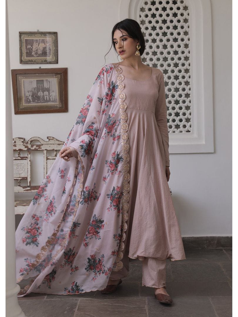 Floral Organza Dupatta Chinon Suit Set