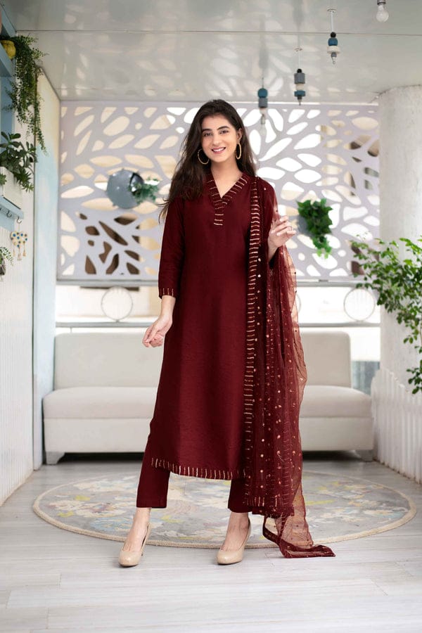 Maroon Embroidered Suit Set with Organza Dupatta