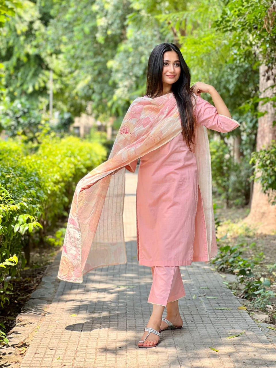Pink Viscose Suit Set with Chanderi Dupatta