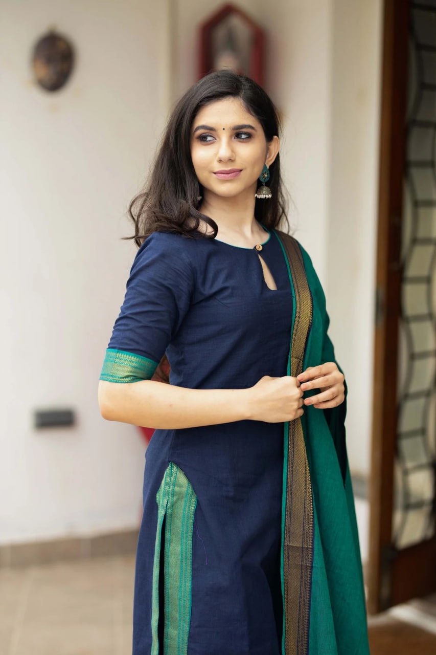 Royal Navy Blue Viscose Suit Set with Banarasi Chanderi Dupatta