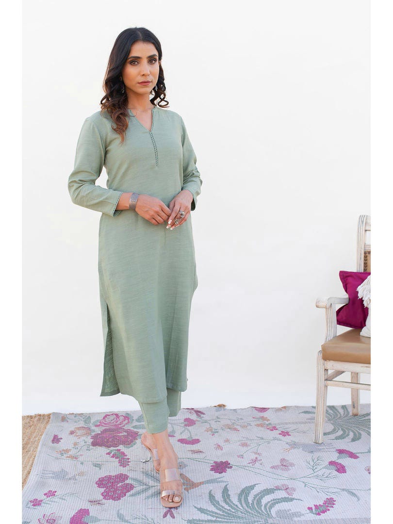 Pista Muslin Suit Set with Chanderi Dupatta