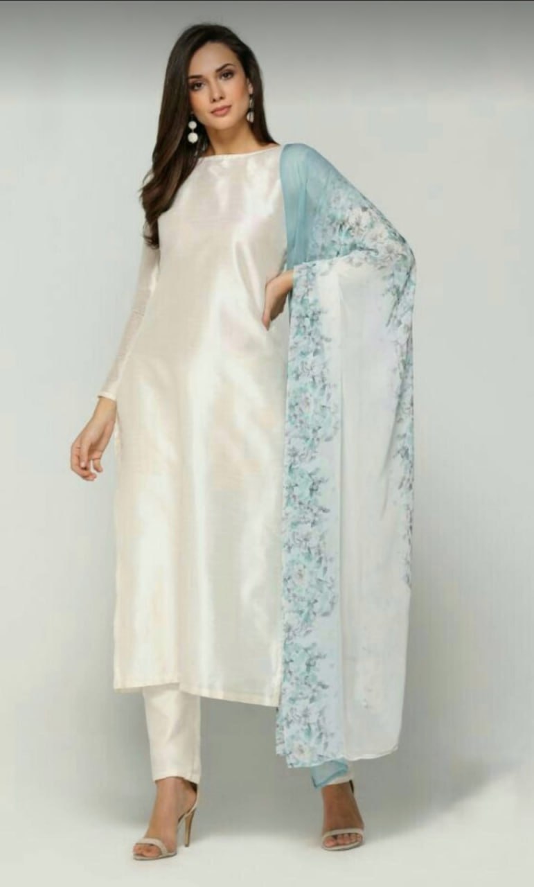 Cream Monsoon Suit Set with Floral Chanderi Dupatta