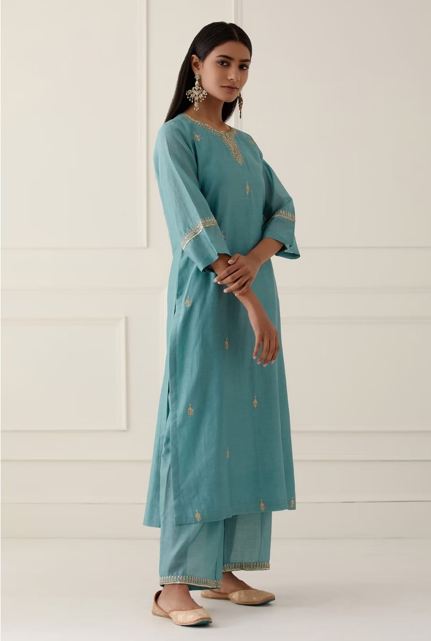 Pastel Aqua Roman Suit Set with Golden Zari Organza Dupatta