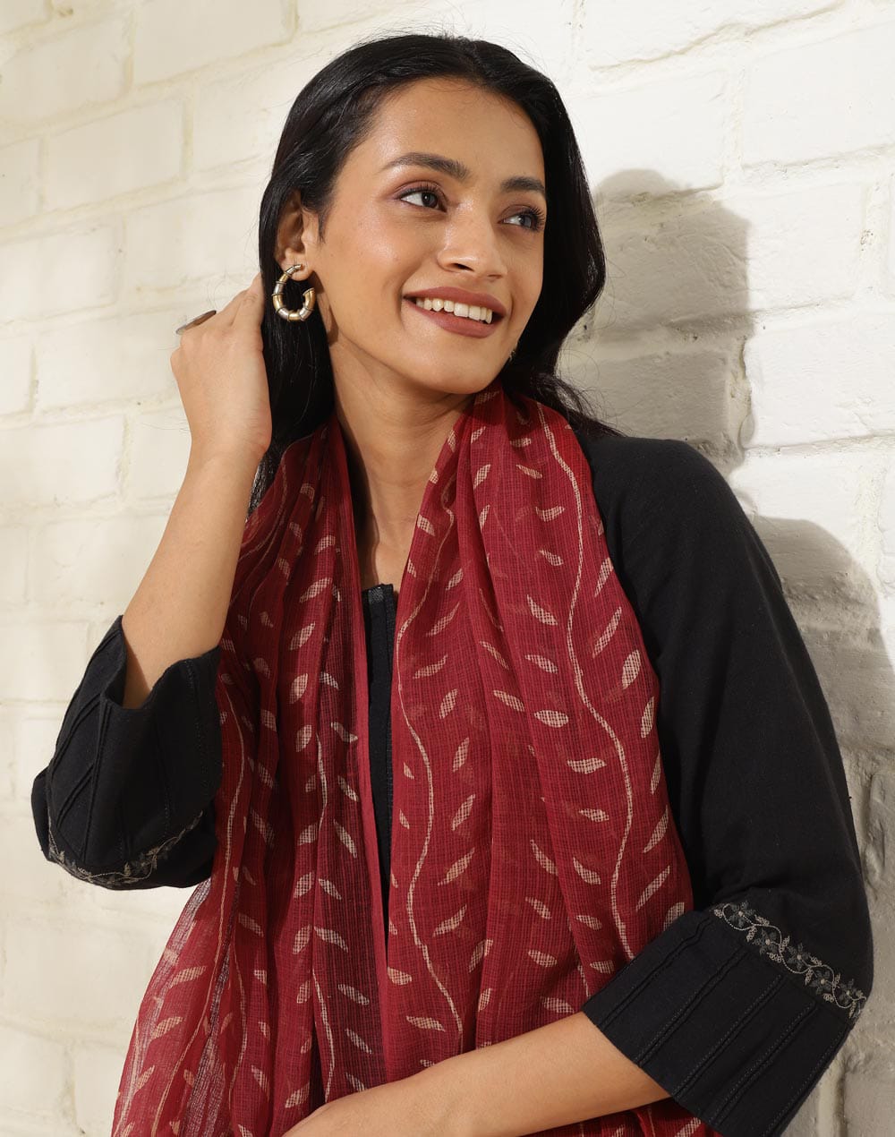 Classic Black Viscose Suit Set with Red Printed Dupatta