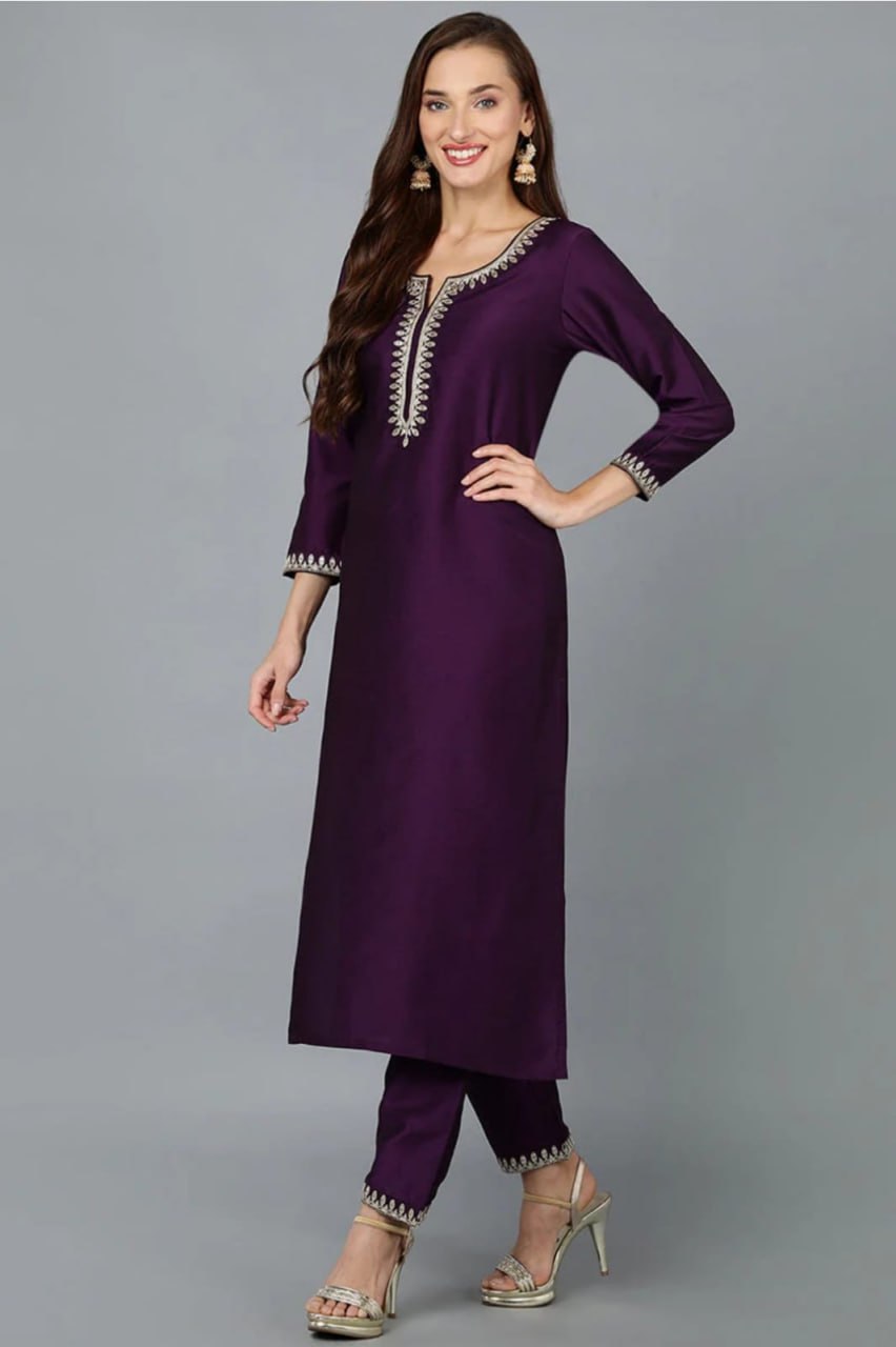 Royal Wine Embroidered Roman Suit Set with Organza Dupatta