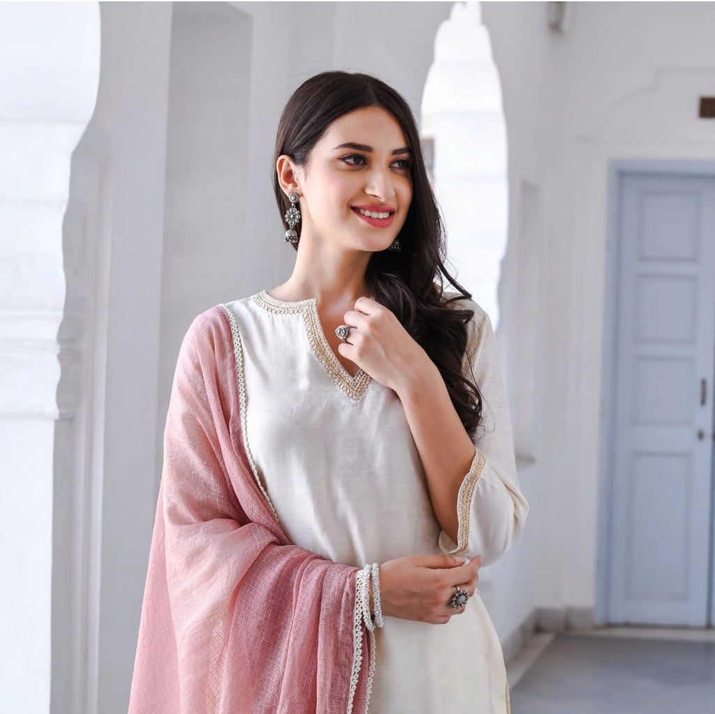 Cream White Embroidered Suit Set with Blush Pink Dupatta