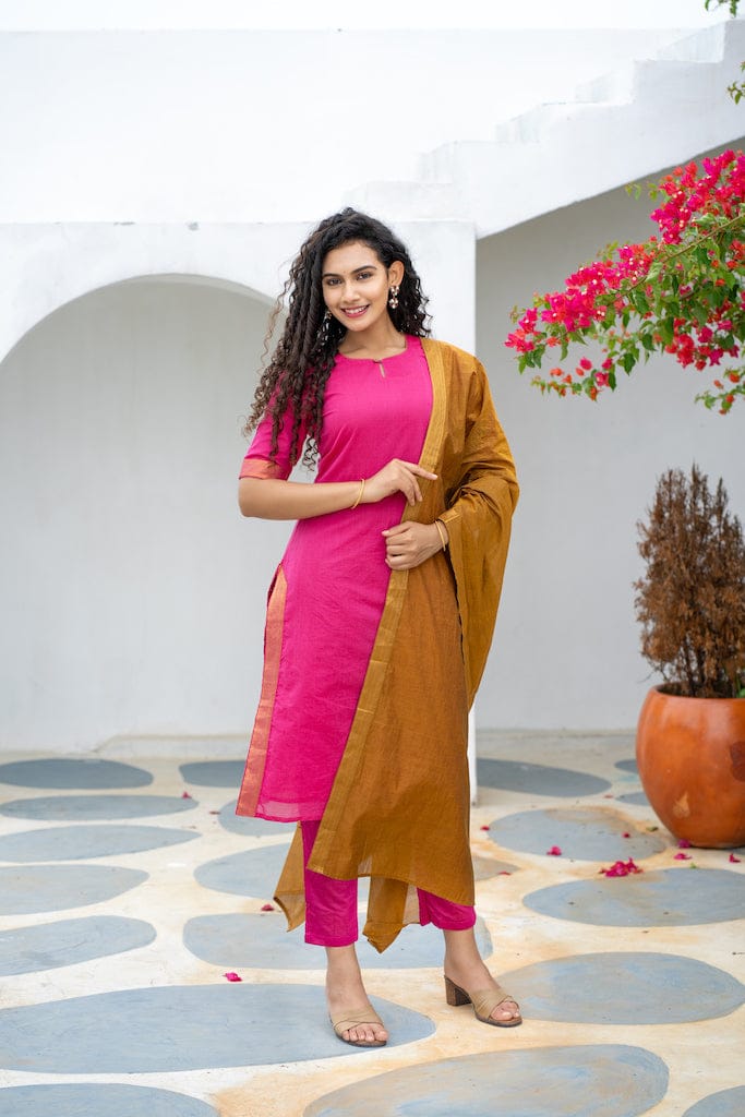 Rani Pink Roman Suit Set with Banarasi Lace Chanderi Dupatta
