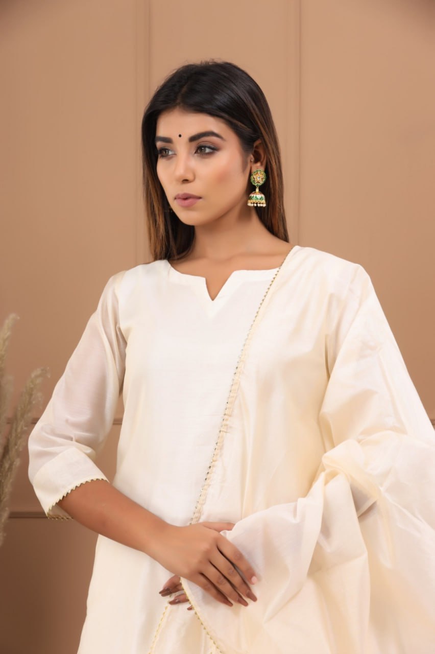 Cream Roman Suit Set with Chanderi Dupatta