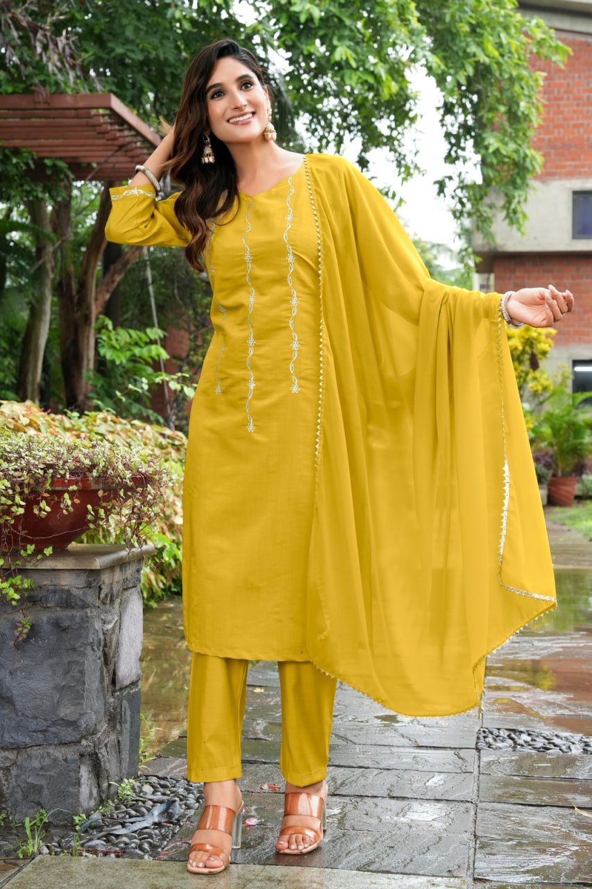Mustard Yellow Embroidered Roman Silk Suit Set with Georgette Dupatta