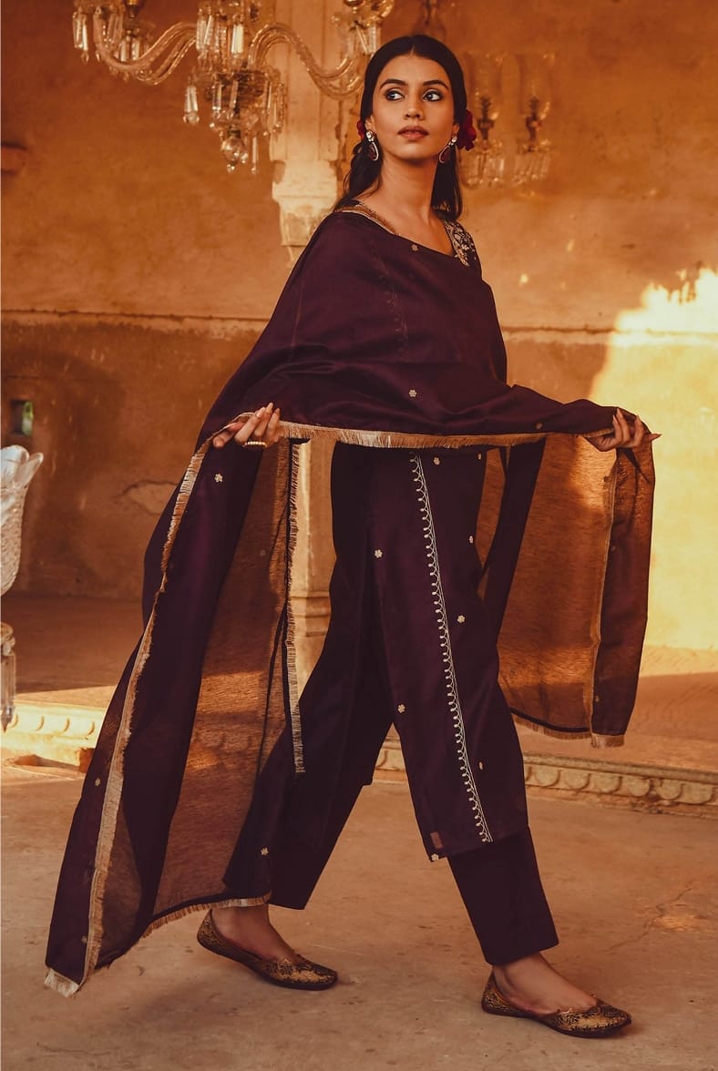 Royal Maroon Embroidered Chanderi Suit Set with Elegant Dupatta