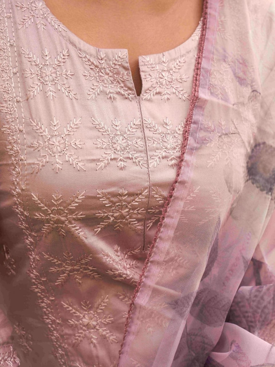 Light Pink Embroidered Roman Suit Set with Printed Organza Dupatta