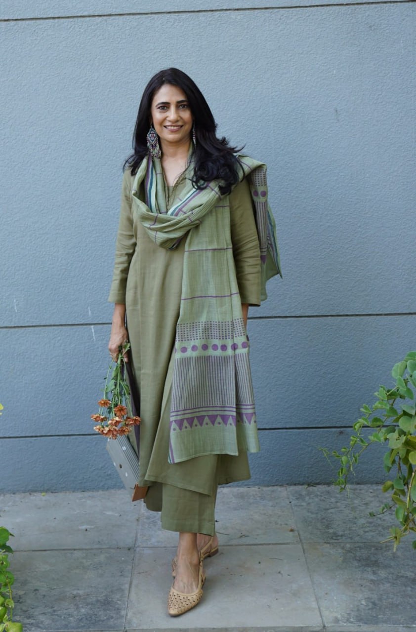 Mehandi Roman Suit Set with Printed Chanderi Dupatta