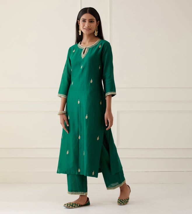 Royal Green Zari Embroidered Roman Suit Set with Organza Dupatta