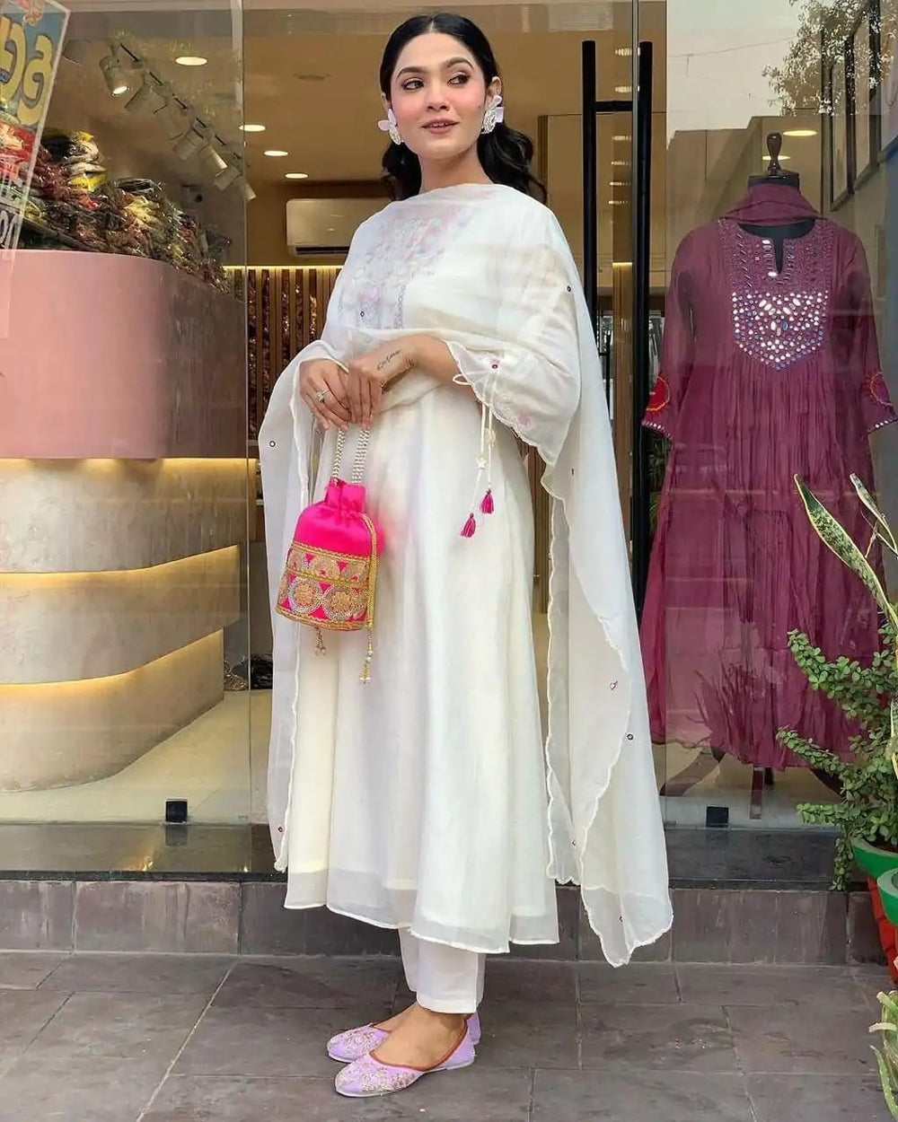 White Mirror Embroidered Chanderi Suit Set with Organza Dupatta