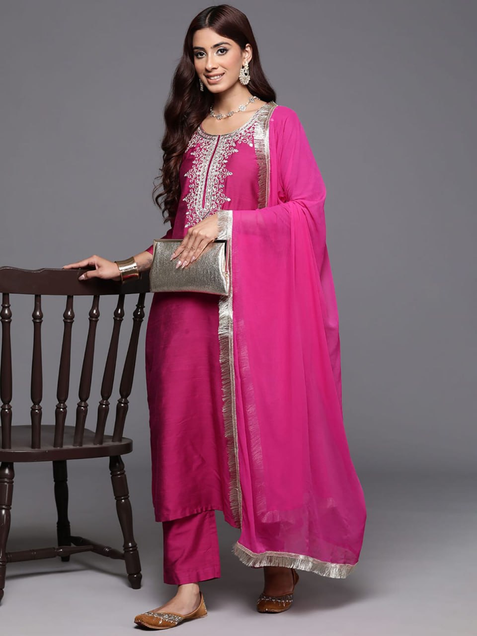 Rani Pink Embroidered Roman Suit Set with Chanderi Dupatta