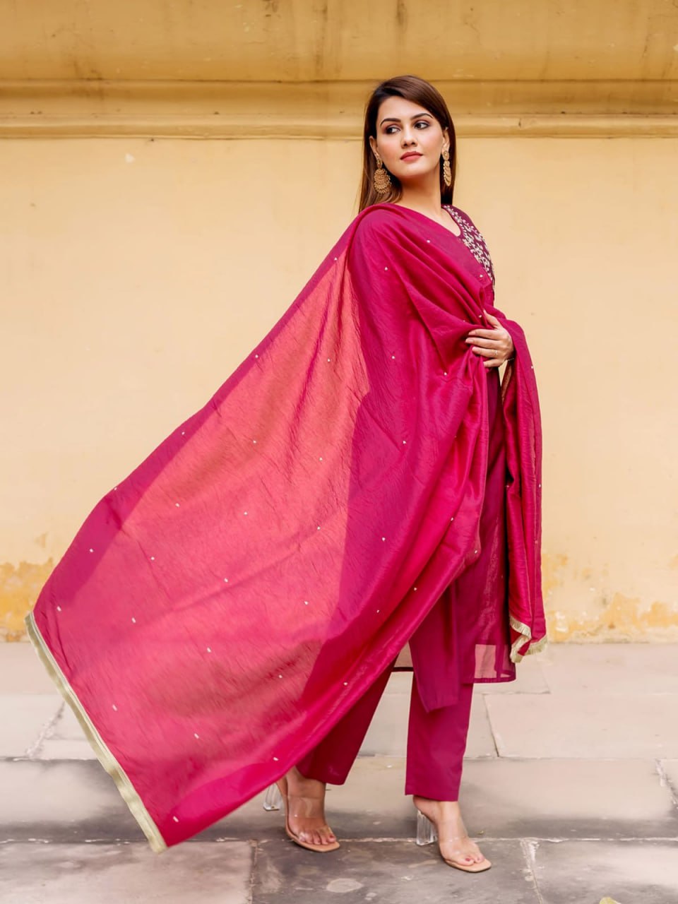 Luxury Rani Pink Embroidered Roman Suit Set with Chanderi Dupatta