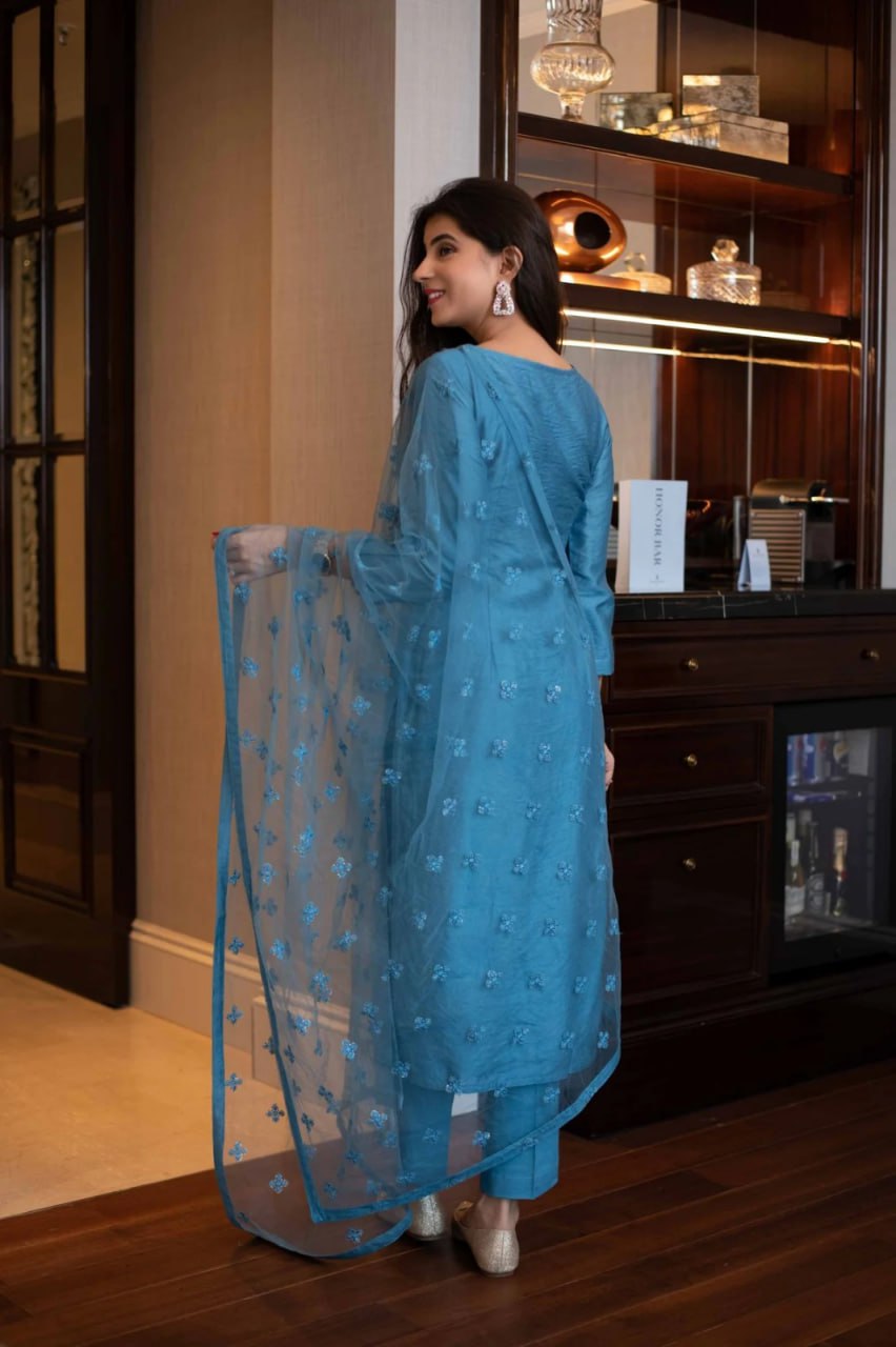 Chinon Kurta Set with Embroidered Organza Dupatta