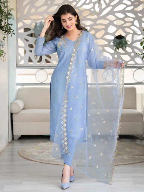 Sky Blue Embroidered Chinon Suit Set with Organza Dupatta