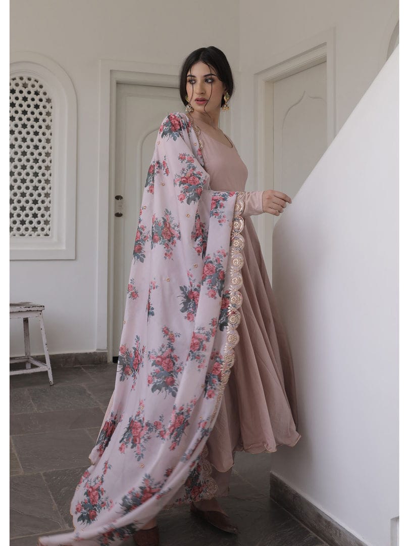 Floral Organza Dupatta Chinon Suit Set