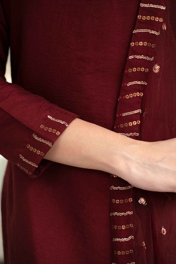 Maroon Embroidered Suit Set with Organza Dupatta