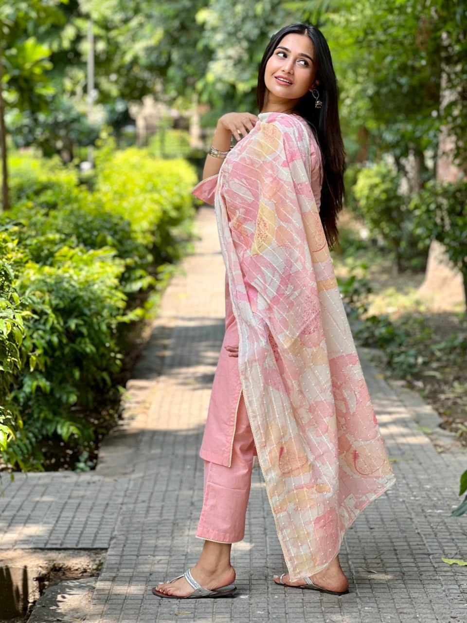 Pink Viscose Suit Set with Chanderi Dupatta